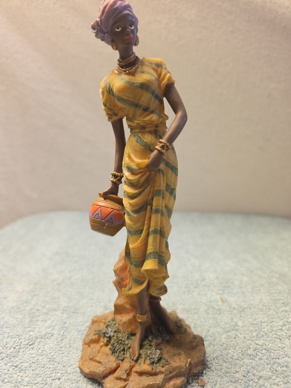 Vintage Ebony Treasures African American Woman Figurine Yellow Dress Water Pot